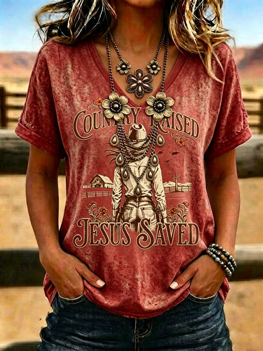 Women'S Western-Style Retro Faith Print V-Neck T-Shirt