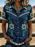 Damen Boho Blumenstickerei Spitzenbesatz Western Denimhemd  