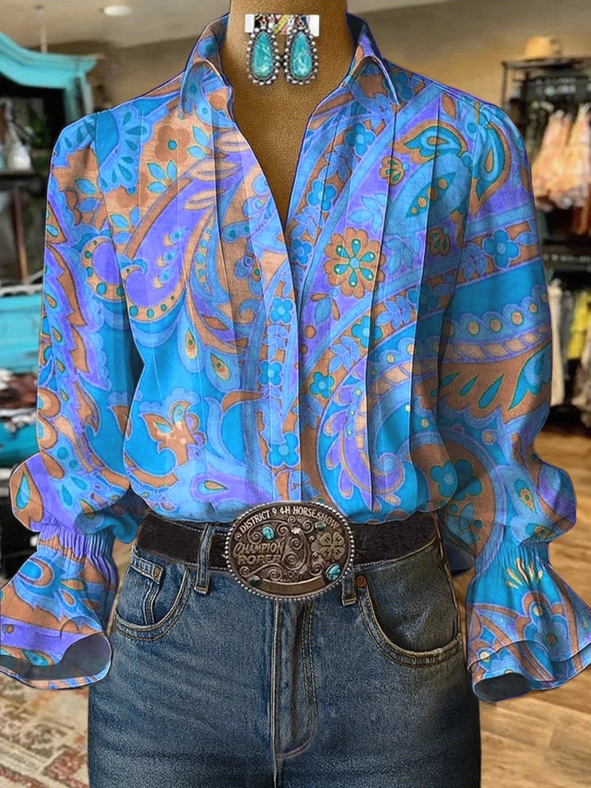 Chemisier décontracté à manches bouffantes et motifs pour femme de style western