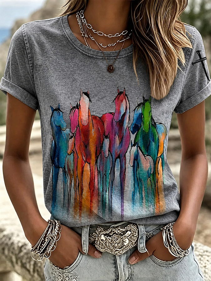 Damen T-Shirt im Western-Stil mit Rundhalsausschnitt