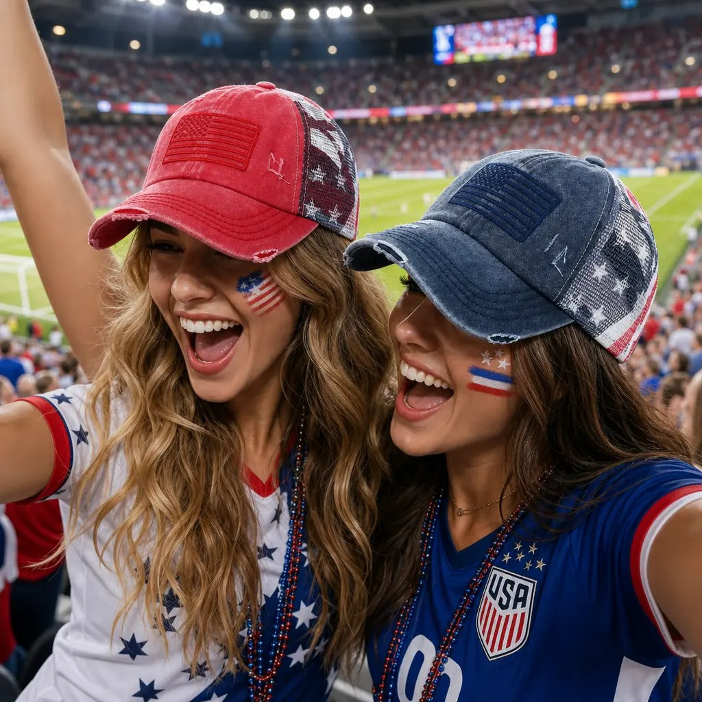 Casquette de baseball en coton drapeau américain avec dos croisé pour femme