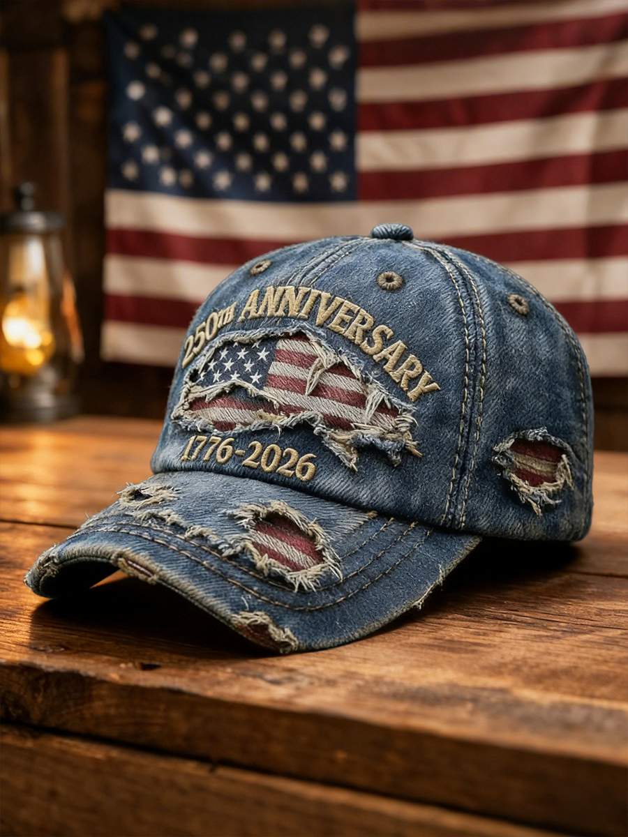 Casquette de baseball vintage en jean vieilli drapeau 250e anniversaire des États-Unis