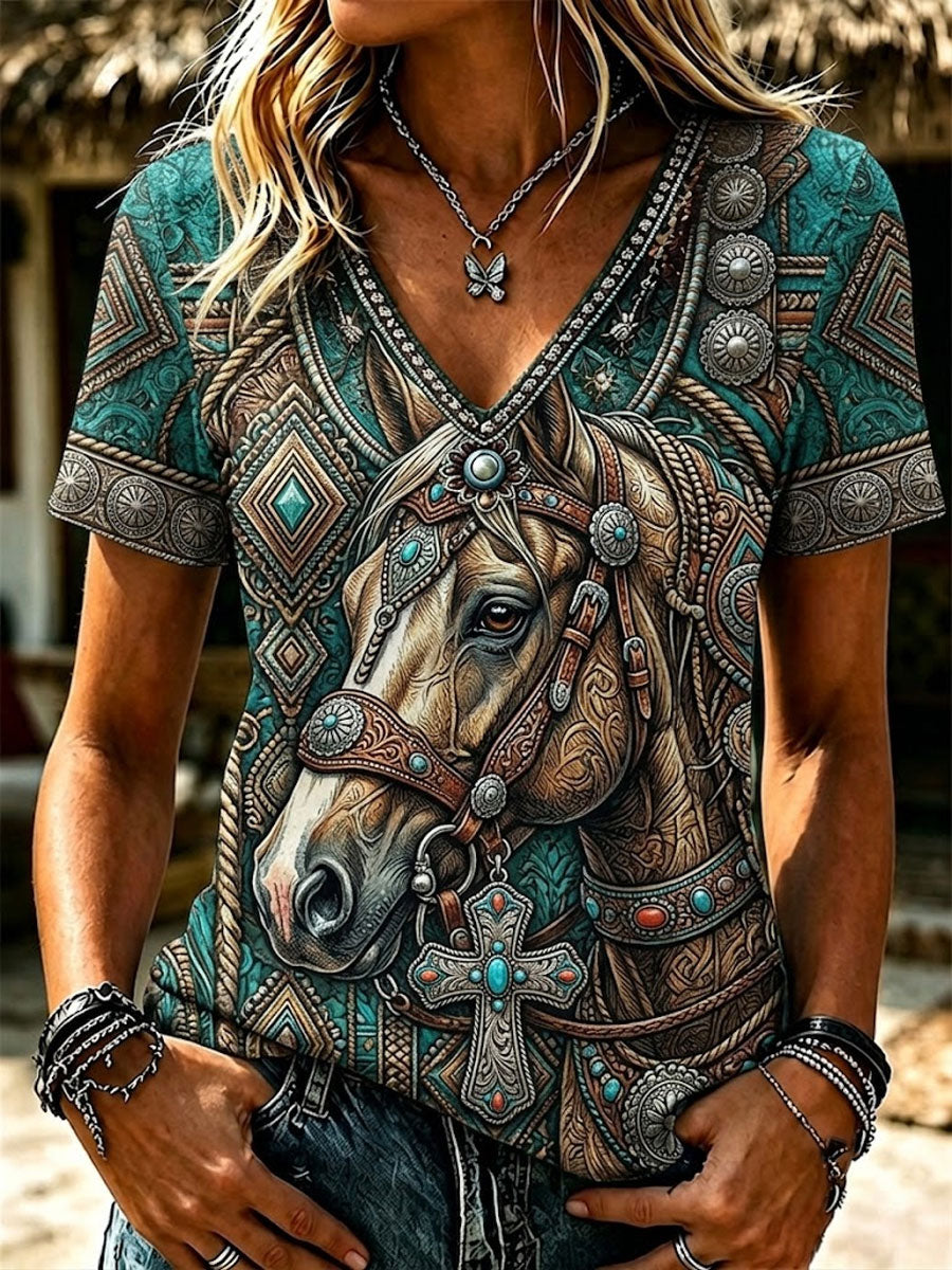 Damen Retro Western Stil Türkis Pferd und Faith Print Leinen Kurzarm T-Shirt