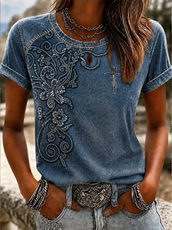 Damen Vintage-Stil Western Print Top