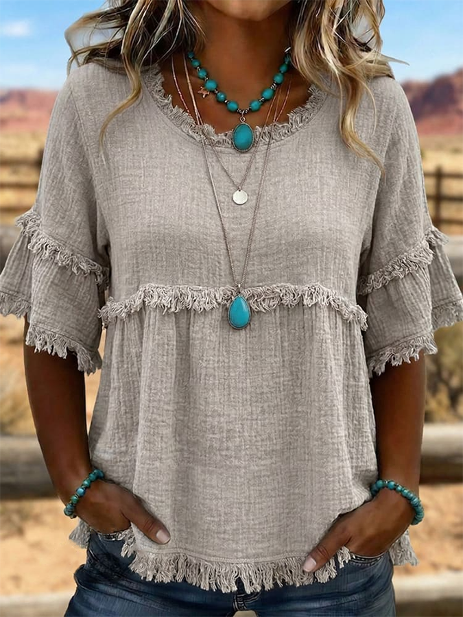 Women's Retro Art Fringed Casual Western Cotton And Linen Shirt