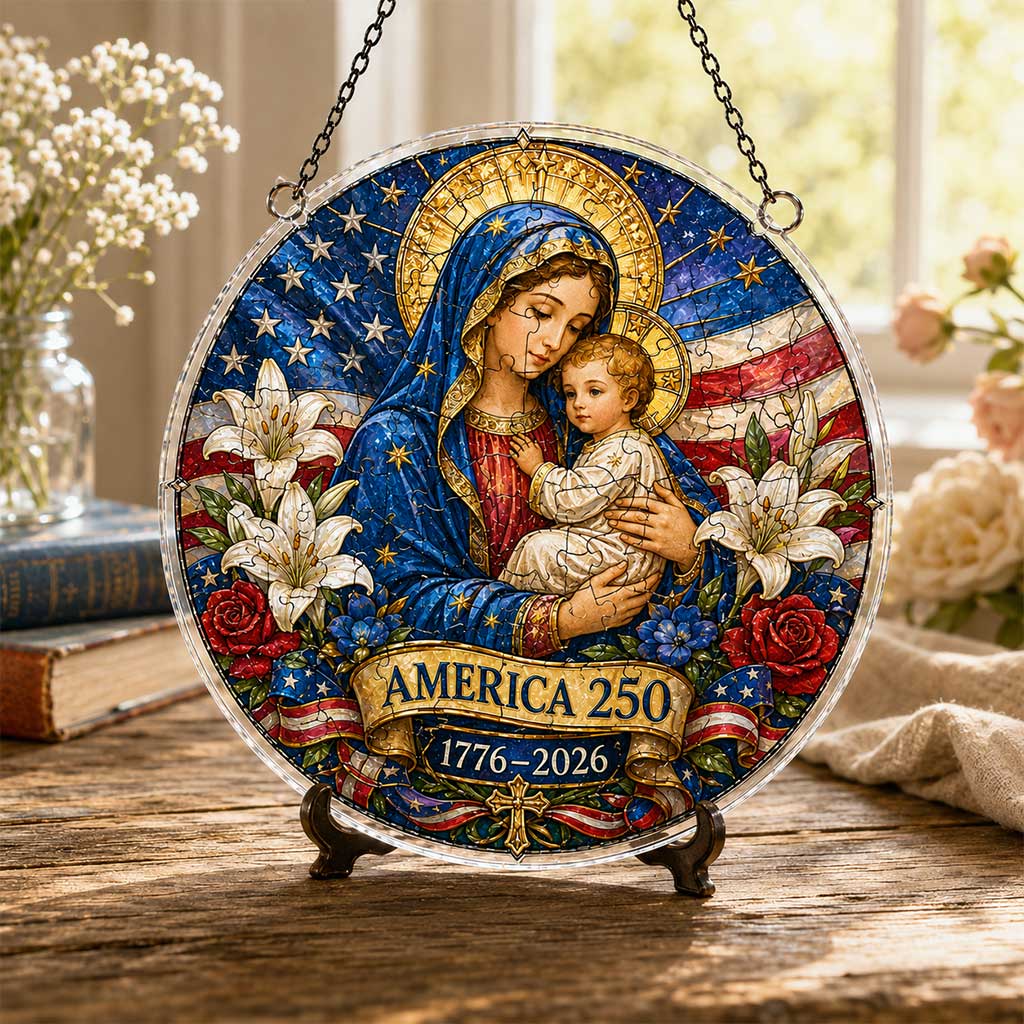 America 250 Acrylic Puzzle Hanging Ornament – Virgin Mary & Baby Jesus Patriotic Stained Glass Window Decor, 1776–2026 Commemorative Keepsake Gift