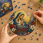 America 250 Acrylic Puzzle Window Hanging Ornament – 1776–2026 Patriotic Stained Glass Style Madonna & Child Suncatcher Decor