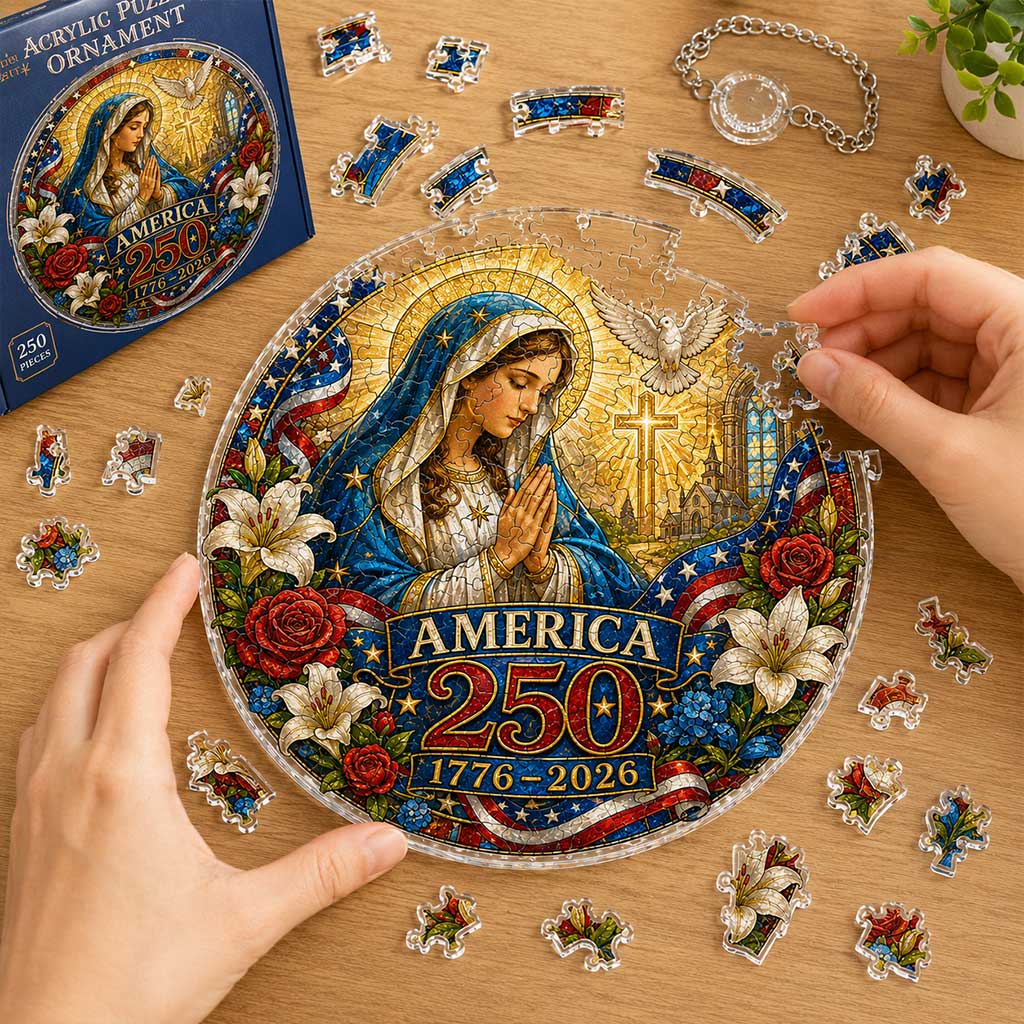 America 250 Acrylic Puzzle Window Hanging Ornament – 1776–2026 Patriotic Stained Glass Style Madonna & Child Suncatcher Decor