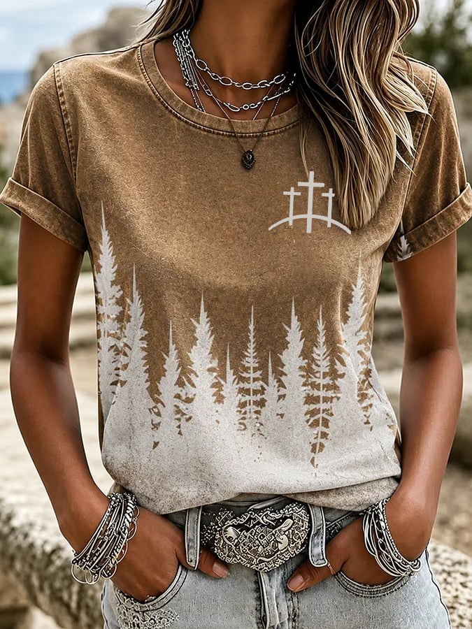 Women'S Western Horse Art Faith Gradient Printed Round Neck T-Shirt