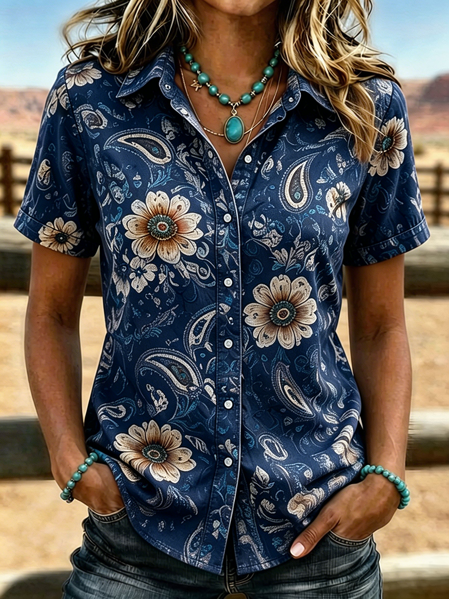 Chemisier à manches courtes boutonnée pour femme, style western, imprimé cachemire et floral bohème
