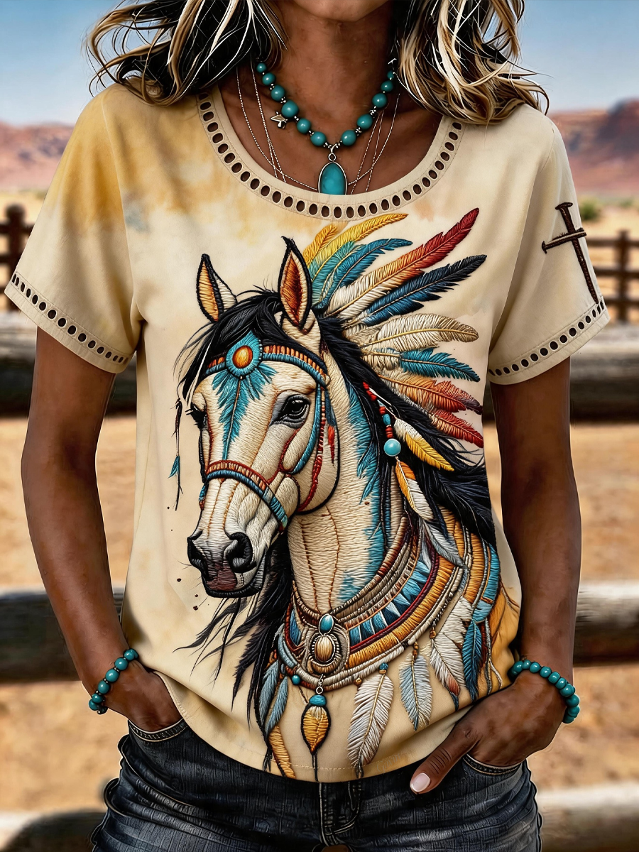 Damen Western Cross Retro Ausgeschnittenes Pferd-Print T-Shirt