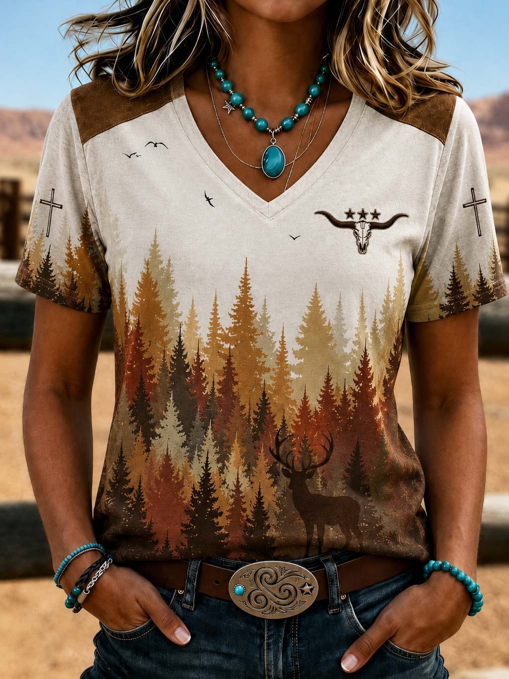 Women'S Retro Western Style Faith Printed V-Neck T-Shirt