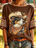 Damen-T-Shirt mit Western-Border-Collie-Stickerei und halbem Arm