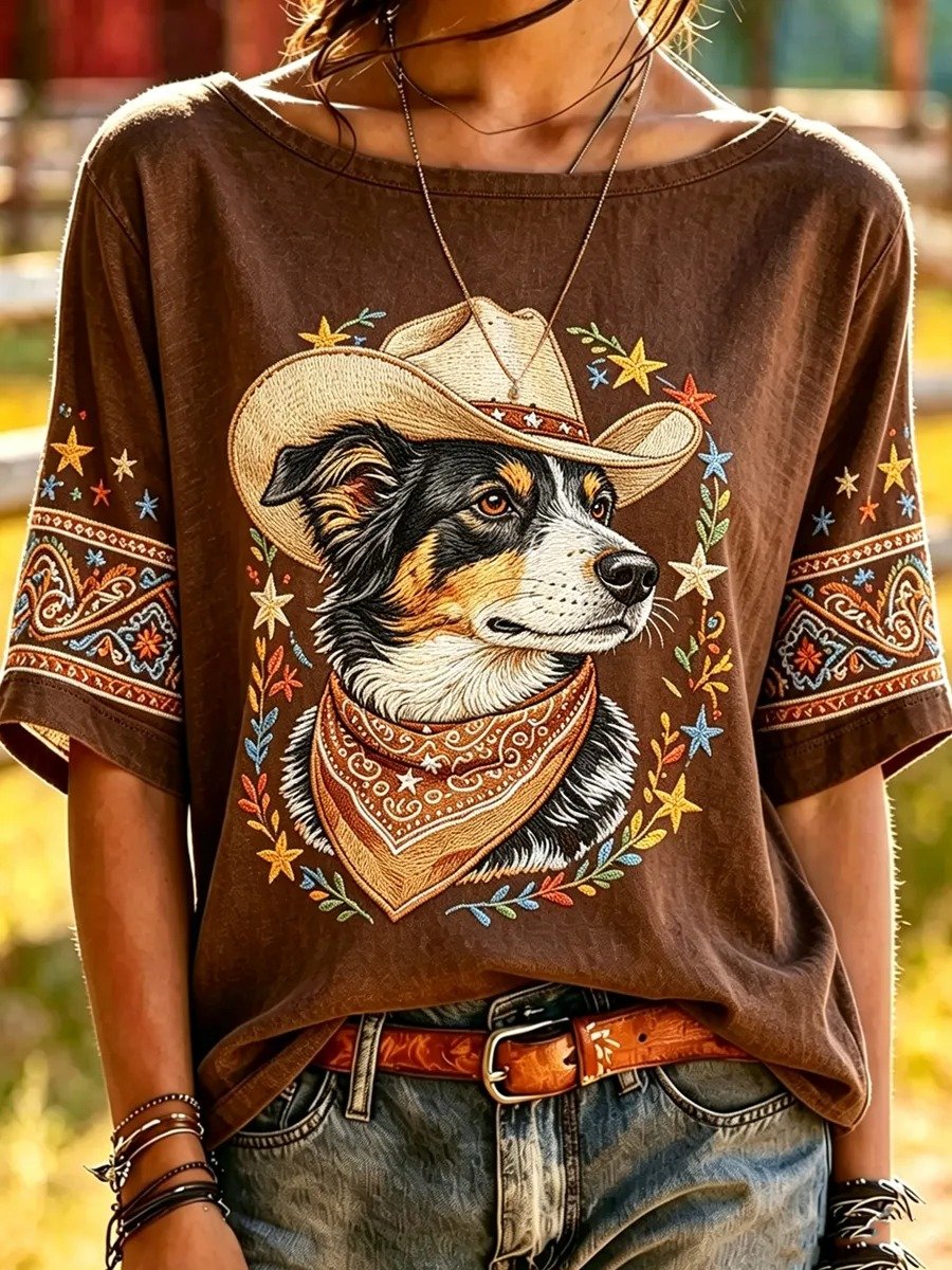 Damen-T-Shirt mit Western-Border-Collie-Stickerei und halbem Arm