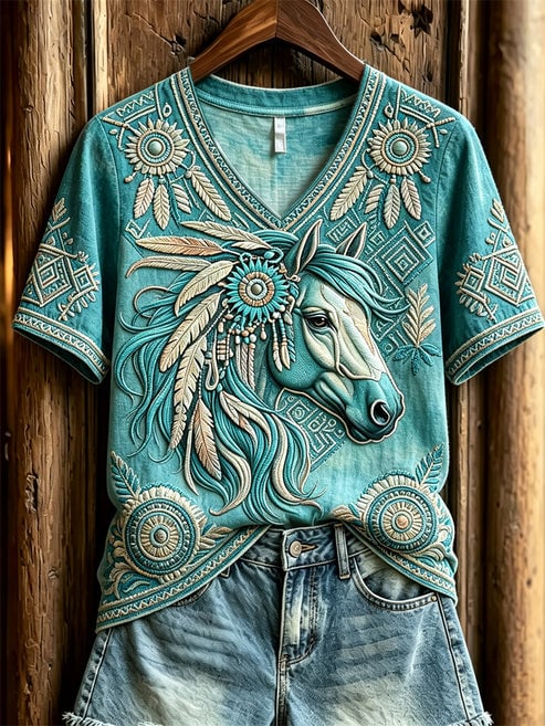 Western Damen Kurzarm-Top im Ethno-Stil mit Feder-Pferde-Print