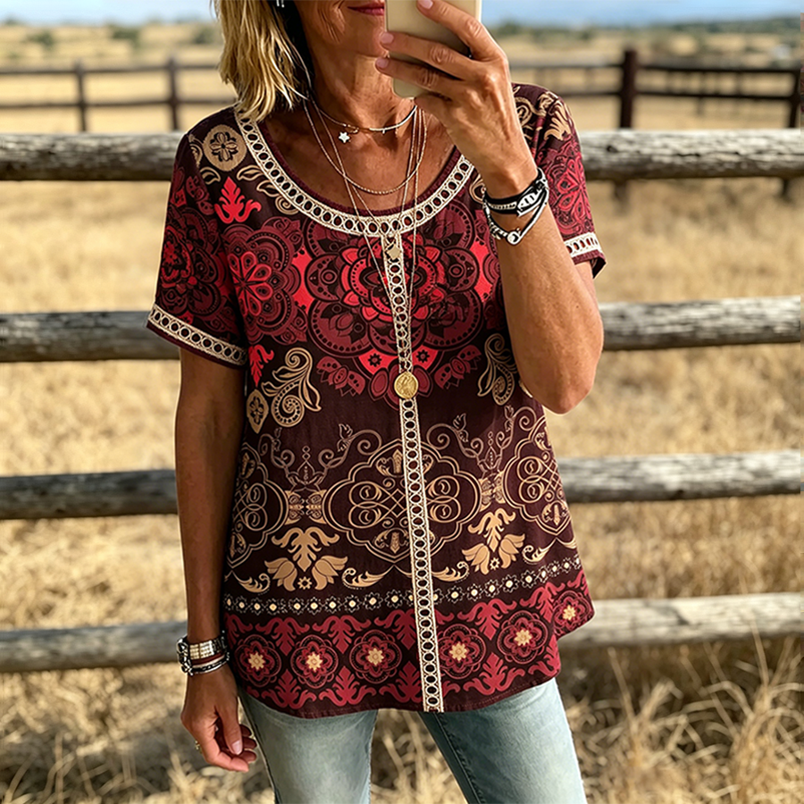 Bluse mit Mandala-Print und kurzen Ärmeln im Western-Casual-Stil