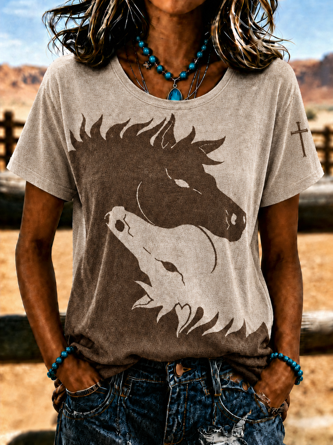 Damen-T-Shirt mit Retro-Westernprint