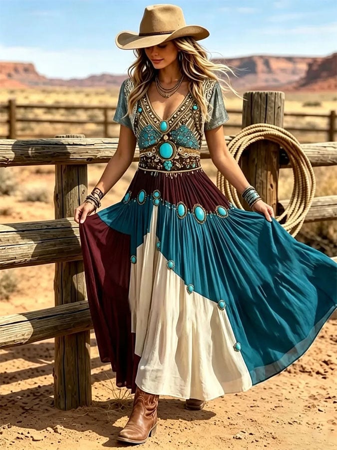 Damen Retro-Kleid mit Western-Print und kurzen Ärmeln