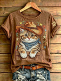 Damen-Kurzarm-T-Shirt mit Katze und Western-Cowboyhut