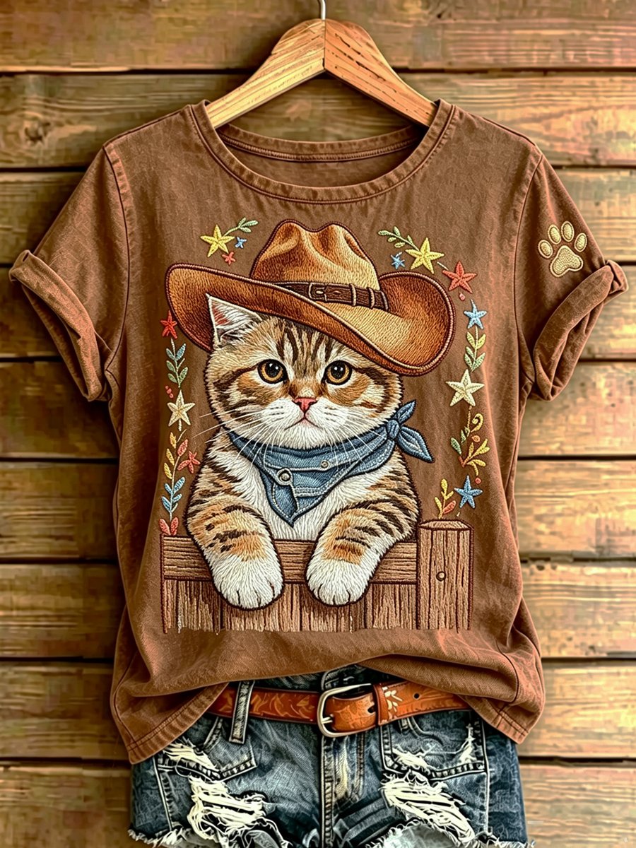 Damen-Kurzarm-T-Shirt mit Katze und Western-Cowboyhut