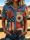 Damen bedrucktes Kurzarmhemd im Retro-Western-Stil