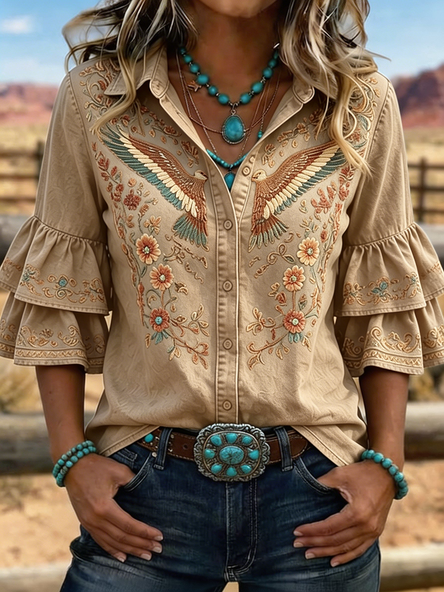 Chemisier occidental pour femme à broderie florale aigle et manches à volants