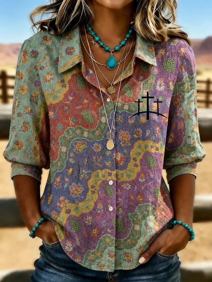 Damen Vintage Western Faith Kreuzmuster Halbarm-Shirt
