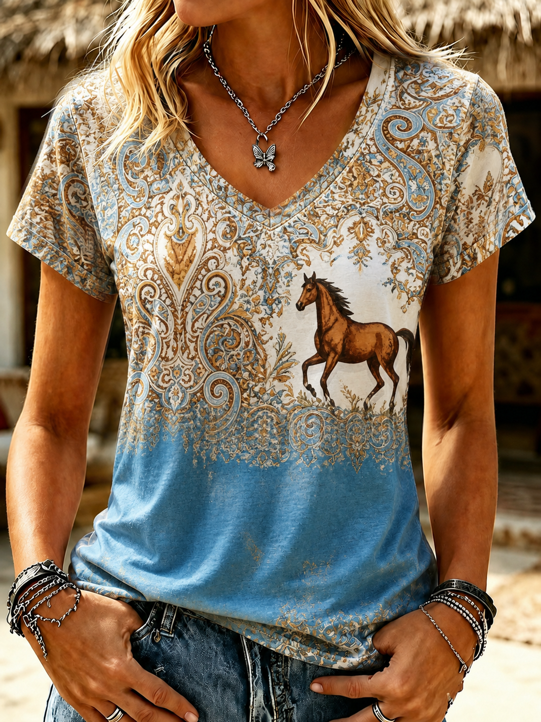 Women'S Retro Western Style Horse Print V-Neck T-Shirt