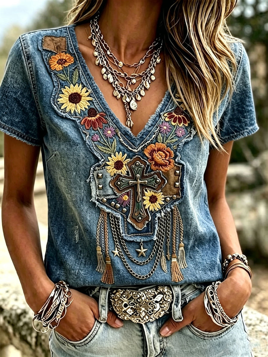 Damen Freizeit Retro Western-Stil Faith T-Shirt  