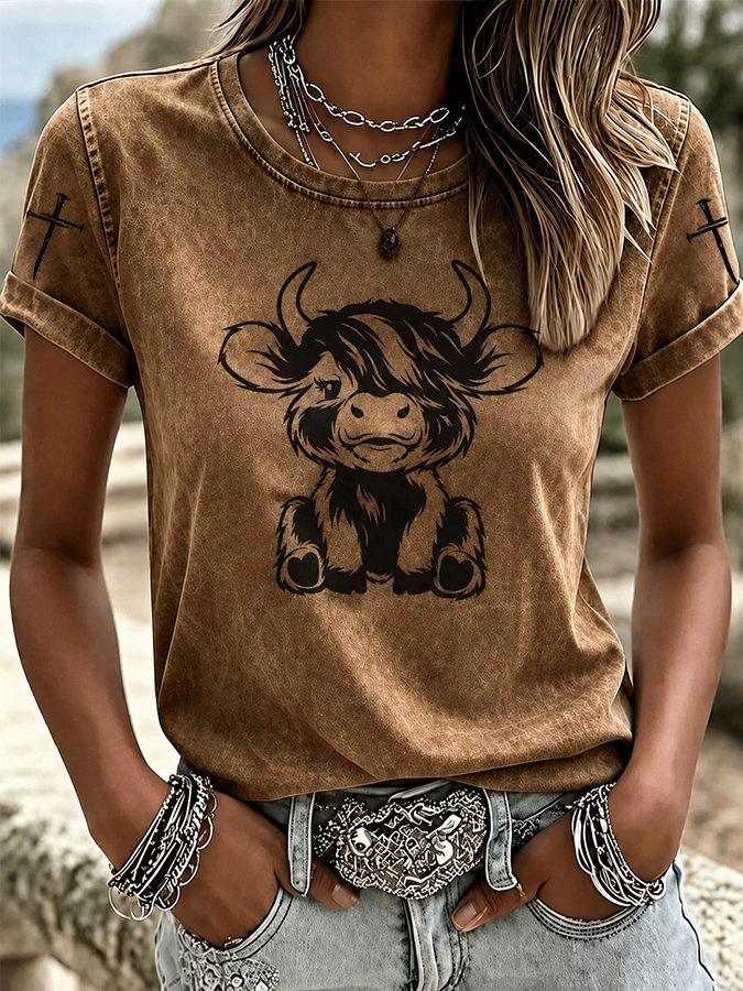 Damen T-Shirt im Western-Stil mit Tiermuster und Rundhalsausschnitt