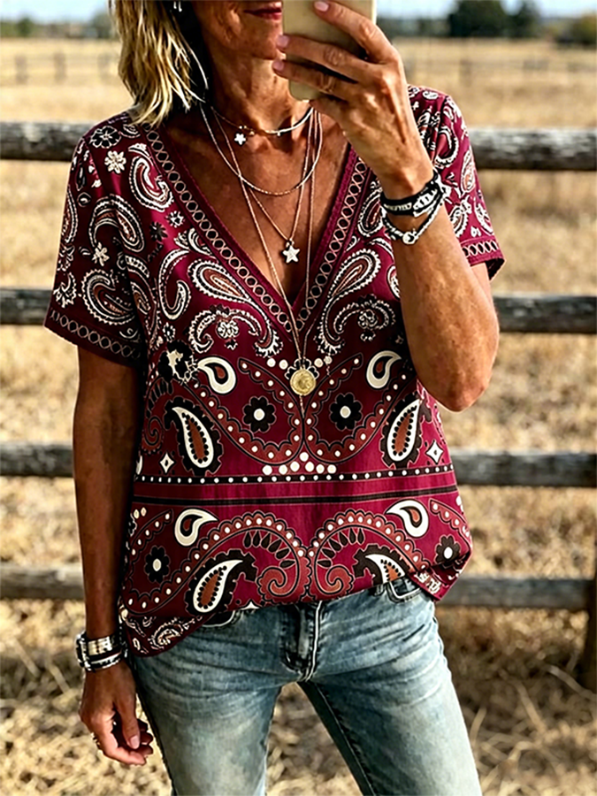 Damen Paisley-Print V-Ausschnitt Kurzarm-Boho-Westernshirt