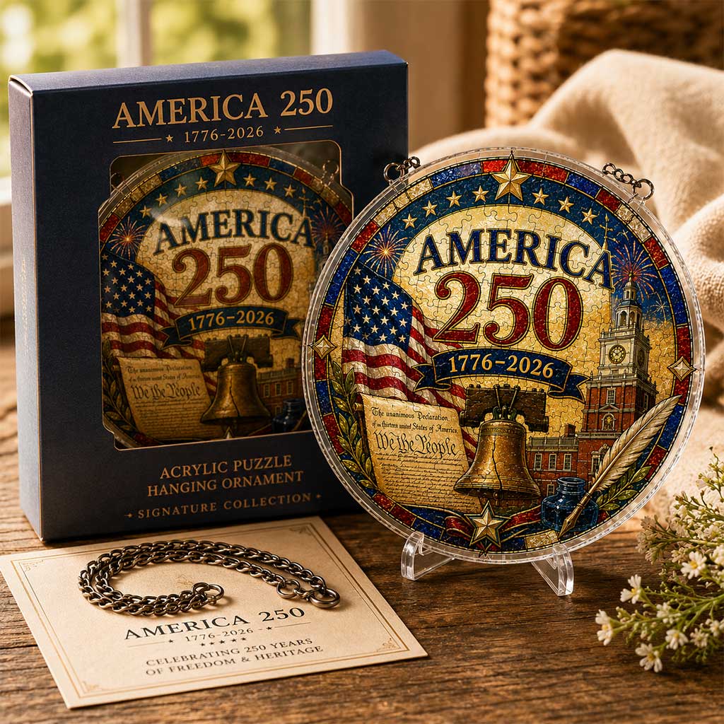 America 250 Acrylic Puzzle Ornament – 1776–2026 Patriotic Hanging Decoration with Eagle, Liberty Bell & Floral Independence Design