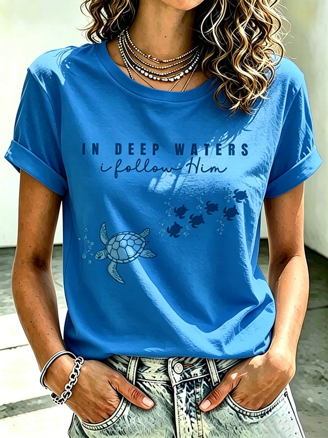 Women's Beach Vacation And Leisure  Sea Turtle In Deep Waters I Follow Him Faith Printed T-Shirt
