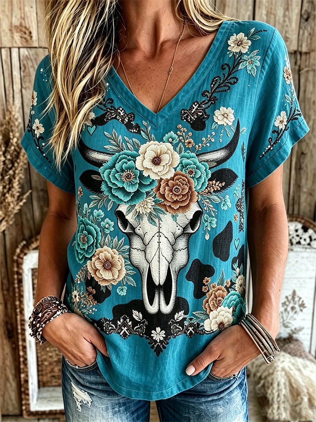 Haut à manches courtes imprimé floral et tête de vache de style western pour femme