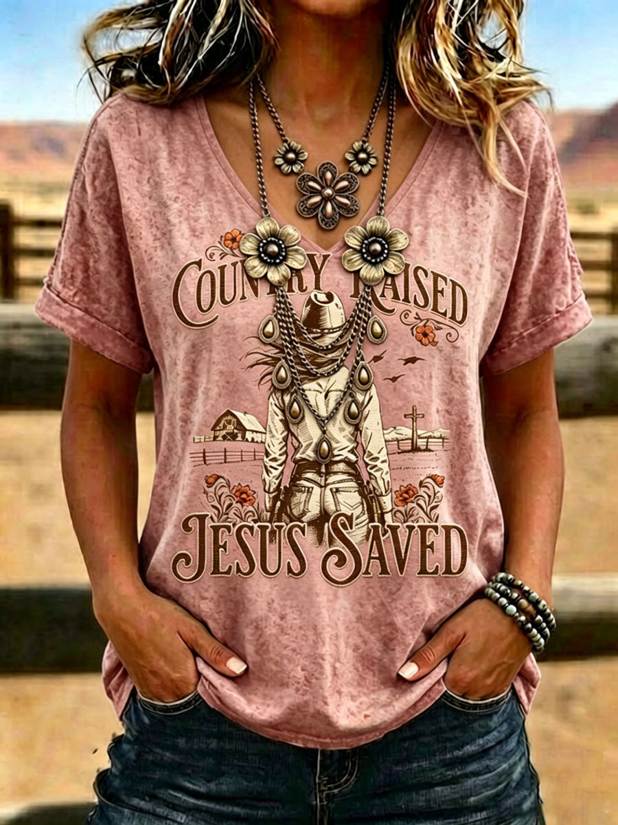 Women'S Western-Style Retro Faith Print V-Neck T-Shirt