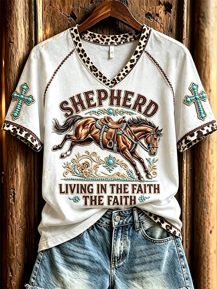 Women's Western Horse Turquoise Leopard Print V-Neck T-Shirt
