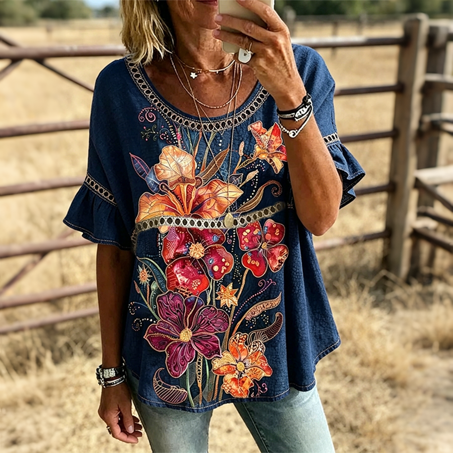 Damen Lässiges Western-Oberteil mit großem Blumenmuster und Rüschenärmeln