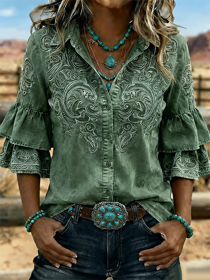 Women's Vintage Floral Print Casual Ruffle Lapel Shirt