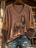 Damen Retro Western Wüstenmuster V-Ausschnitt Oberteil