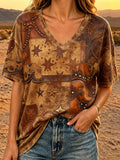 Damen Retro Western-Print V-Ausschnitt Oberteil