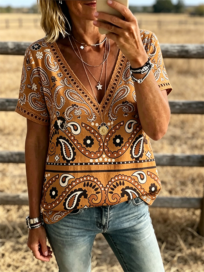 Chemisier Bohème Western pour Femmes à Manches Courtes et Col en V Imprimé Cachemire