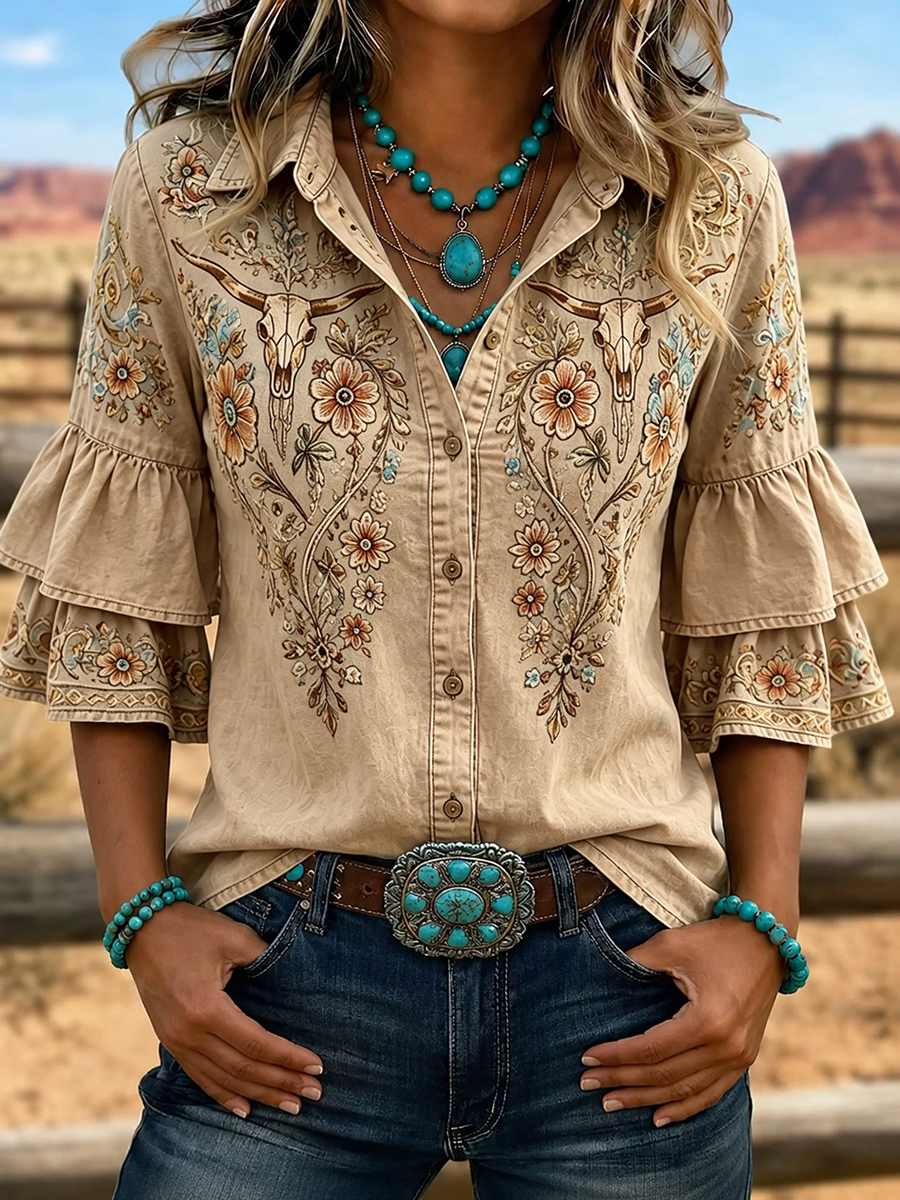 Chemise femme à manches volantées brodées tête de buffle Western