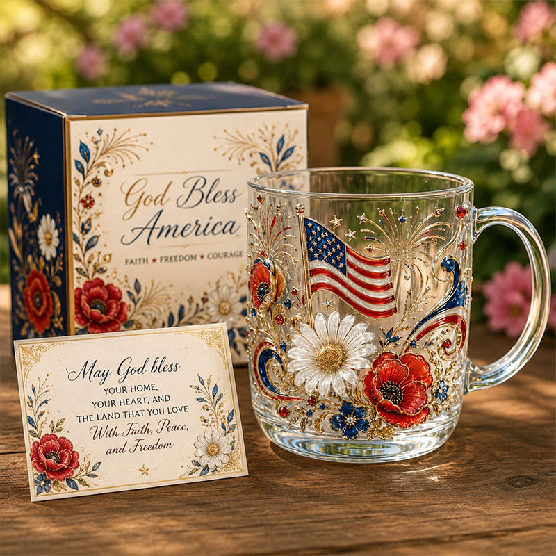 God Bless America Flag Floral Glass Mug Gift Set