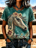 Damen T-Shirt mit Tiermuster, überkreuztem Rundhalsausschnitt im Western-Stil