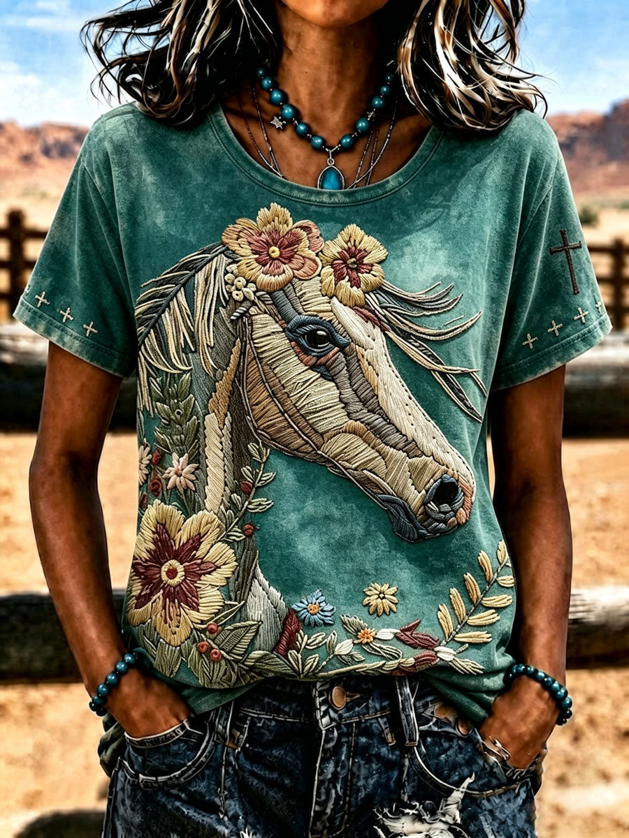 Damen T-Shirt mit Tiermuster, überkreuztem Rundhalsausschnitt im Western-Stil