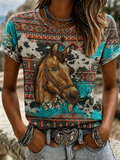 Damen Retro Westernstil Pferdemotiv Freizeit T-Shirt