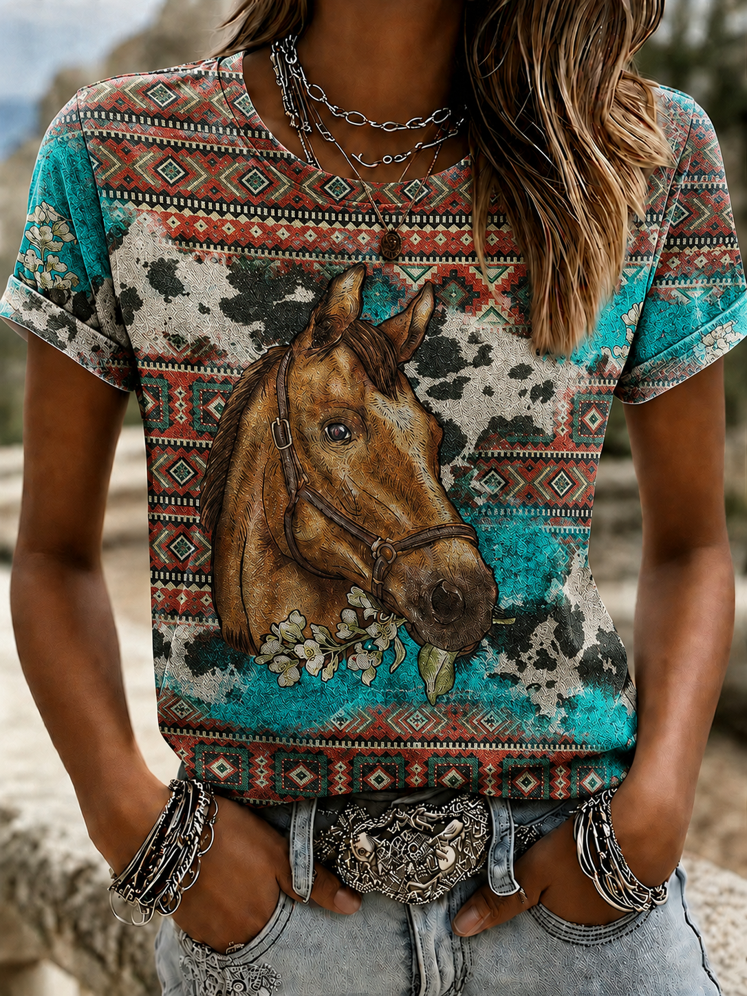 Damen Retro Westernstil Pferdemotiv Freizeit T-Shirt
