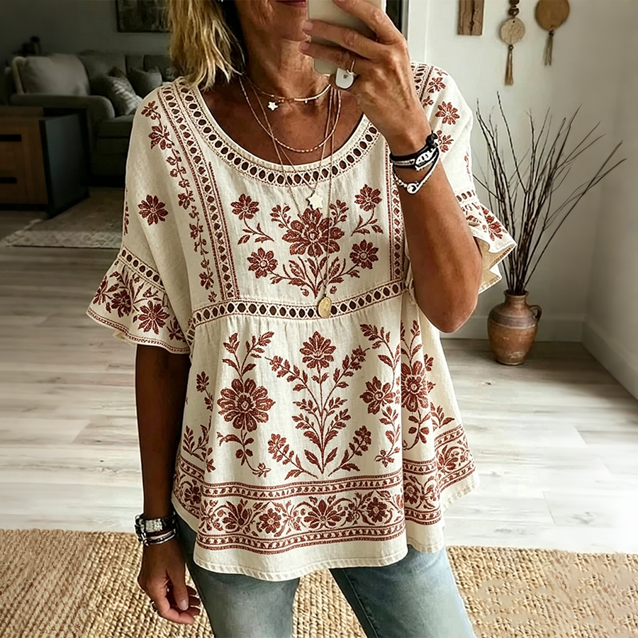 Damen Vintage Bluse mit Blumendruck, Rüschenärmeln und Zierleiste
