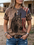 Damen T-Shirt im Western-Stil mit Pferde-Muster und Glaubens-Aufschrift, Kurzarm