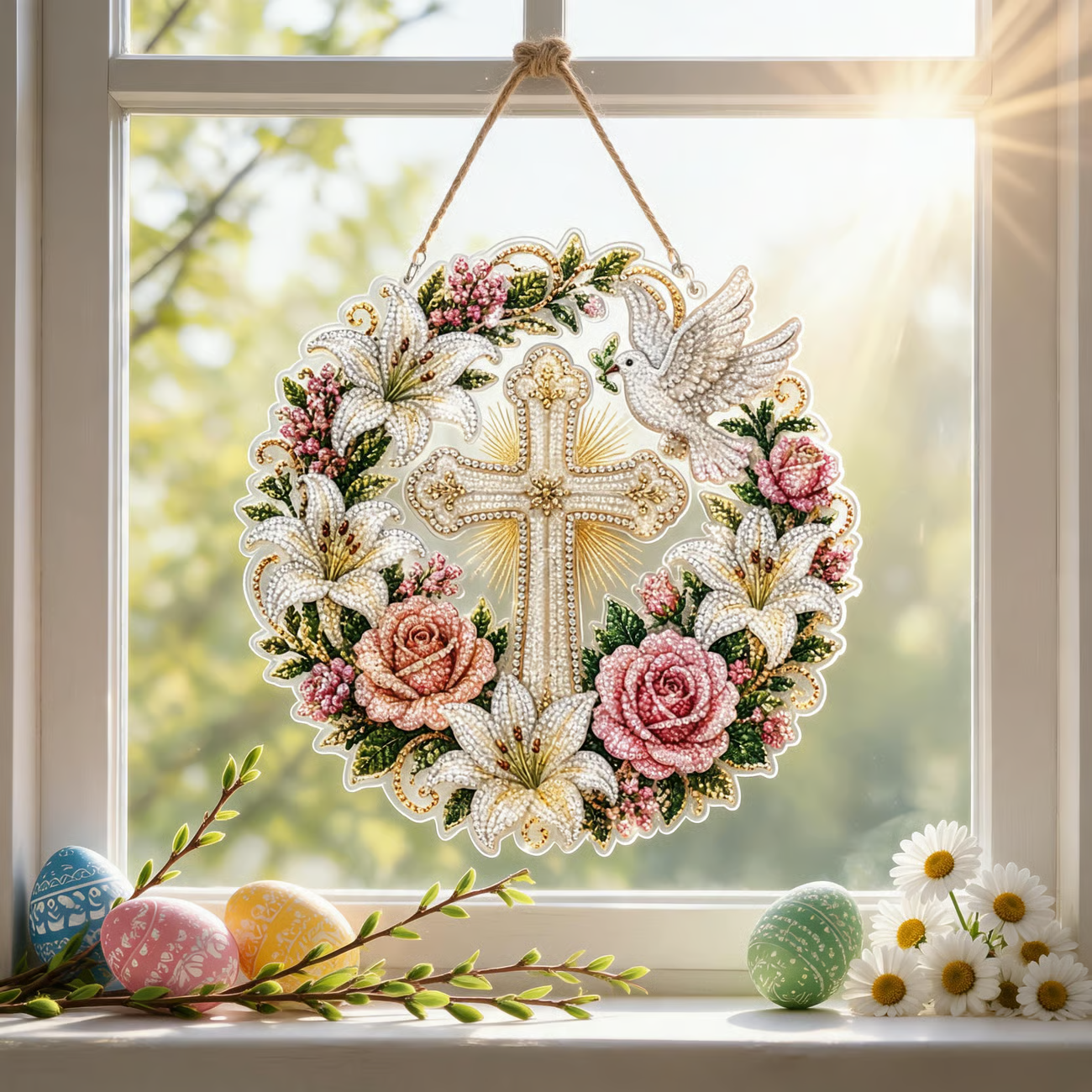 ✝️💐Cross, Flowers & Peace Dove Diamond Art Hanging Ornament Kit